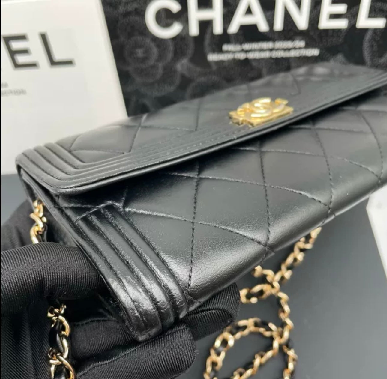 Auth Chanel CF black and gold sheepskin flap wallet bag