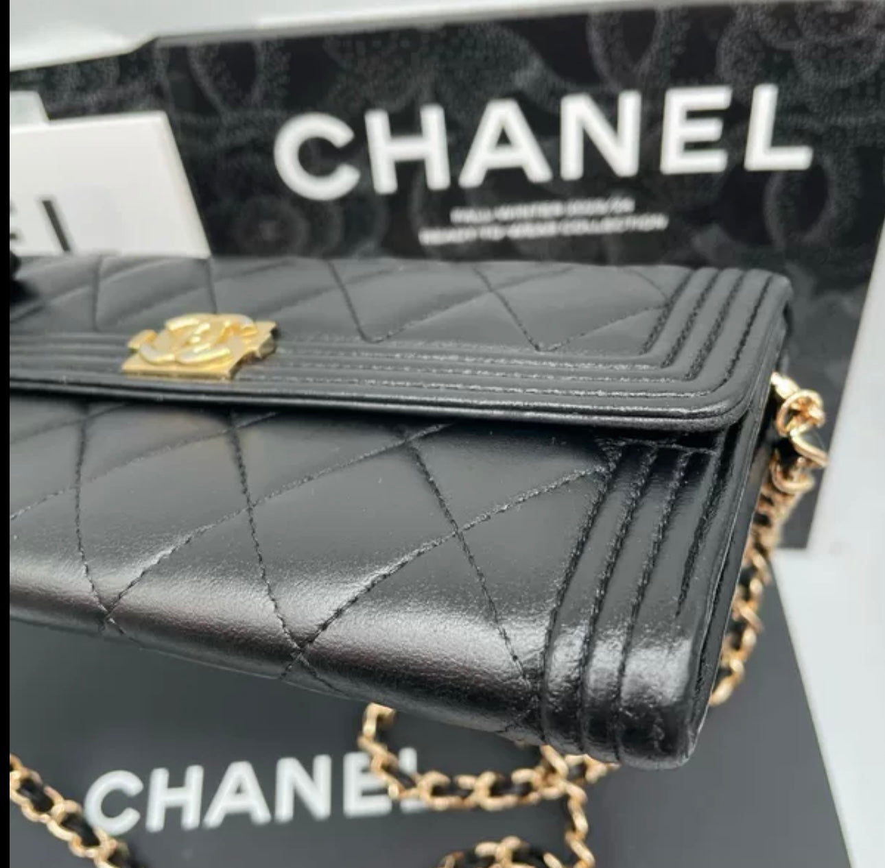 Auth Chanel CF black and gold sheepskin flap wallet bag