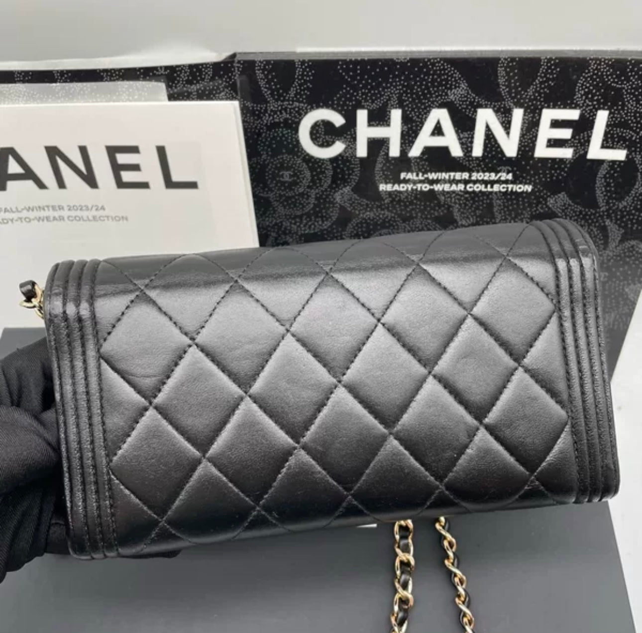 Auth Chanel CF black and gold sheepskin flap wallet bag