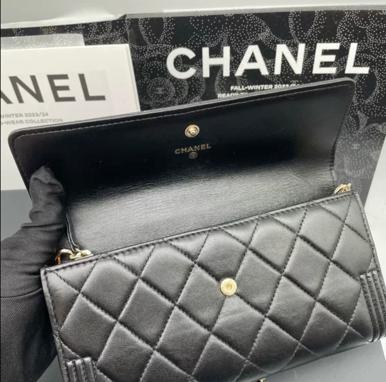 Auth Chanel CF black and gold sheepskin flap wallet bag