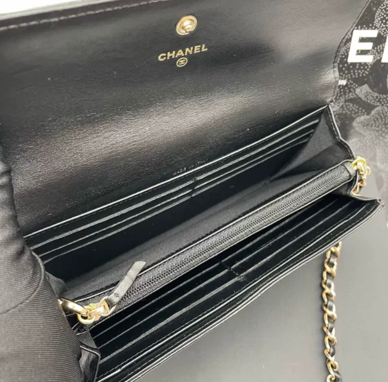 Auth Chanel CF black and gold sheepskin flap wallet bag