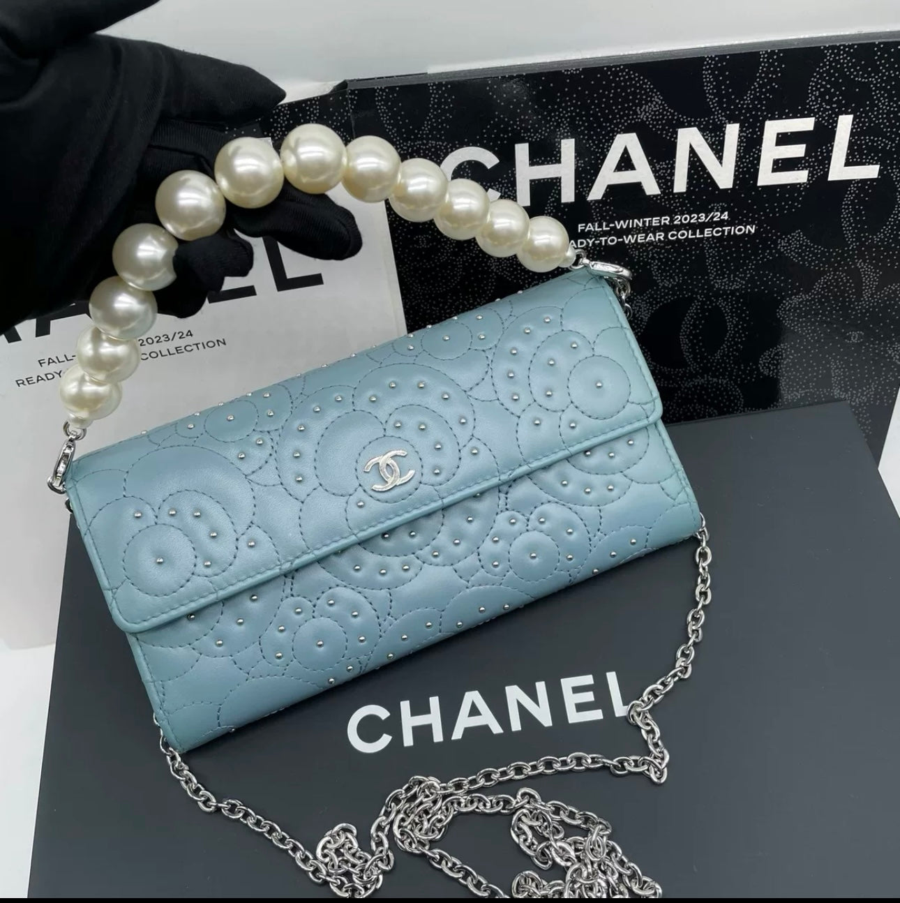 Auth Chanel Sky blue sheepskin flap wallet bag