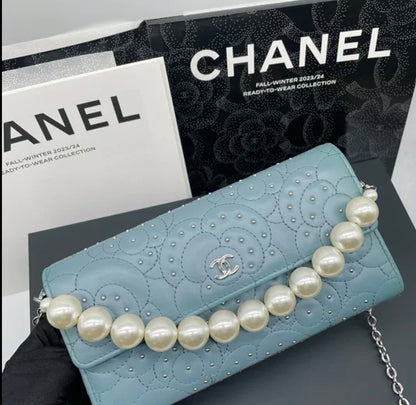 Auth Chanel Sky blue sheepskin flap wallet bag