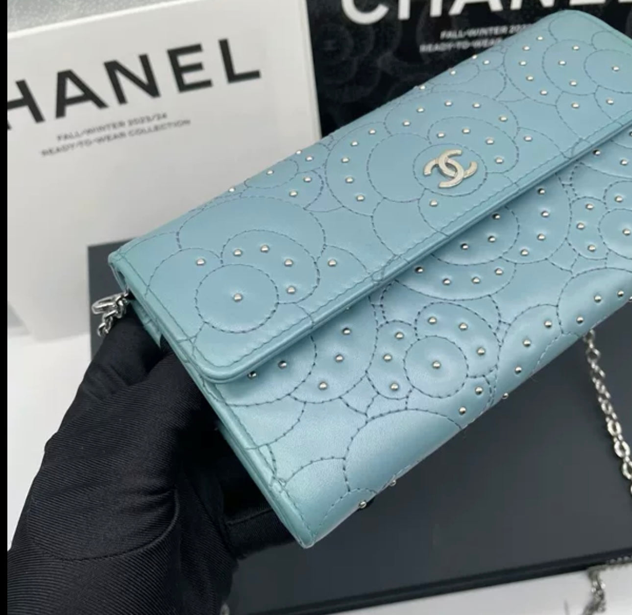 Auth Chanel Sky blue sheepskin flap wallet bag