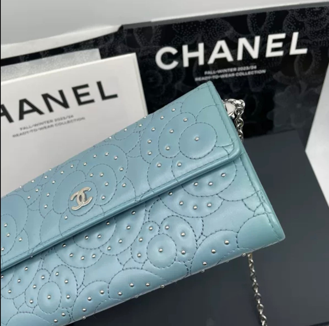 Auth Chanel Sky blue sheepskin flap wallet bag