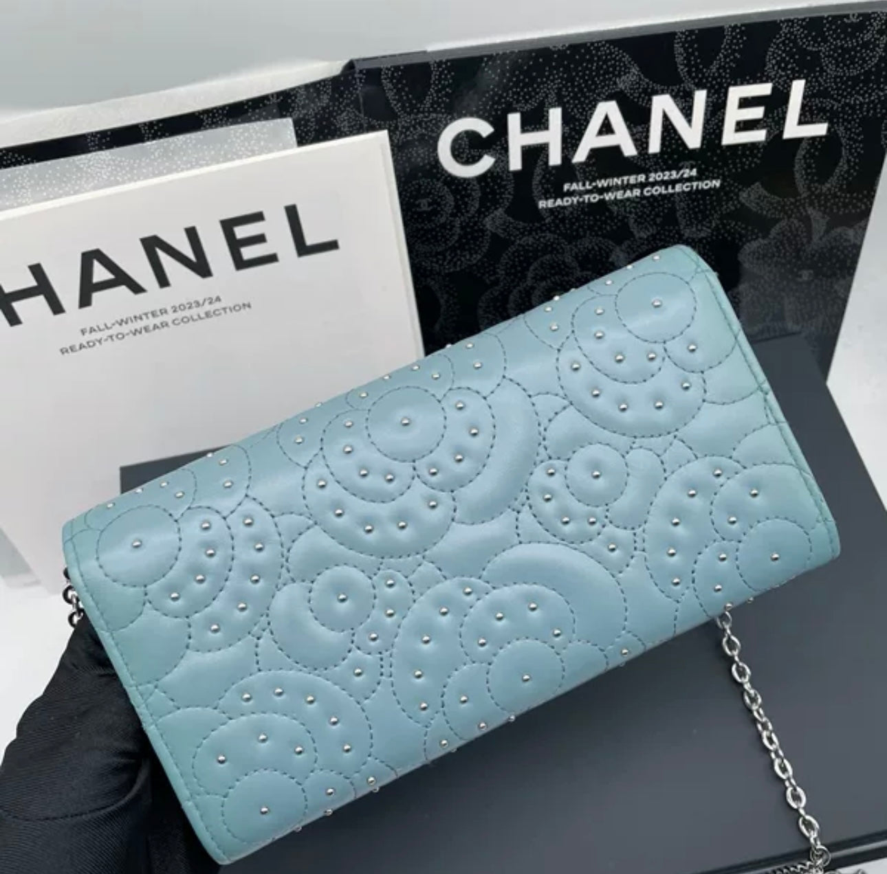 Auth Chanel Sky blue sheepskin flap wallet bag