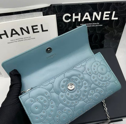 Auth Chanel Sky blue sheepskin flap wallet bag