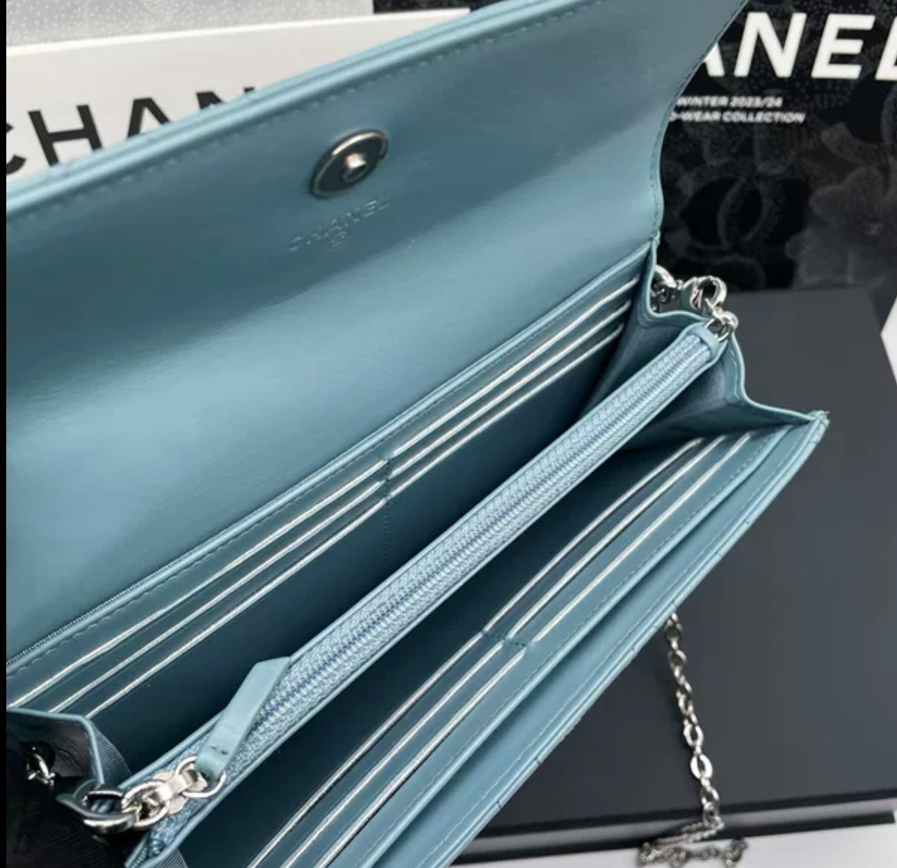 Auth Chanel Sky blue sheepskin flap wallet bag