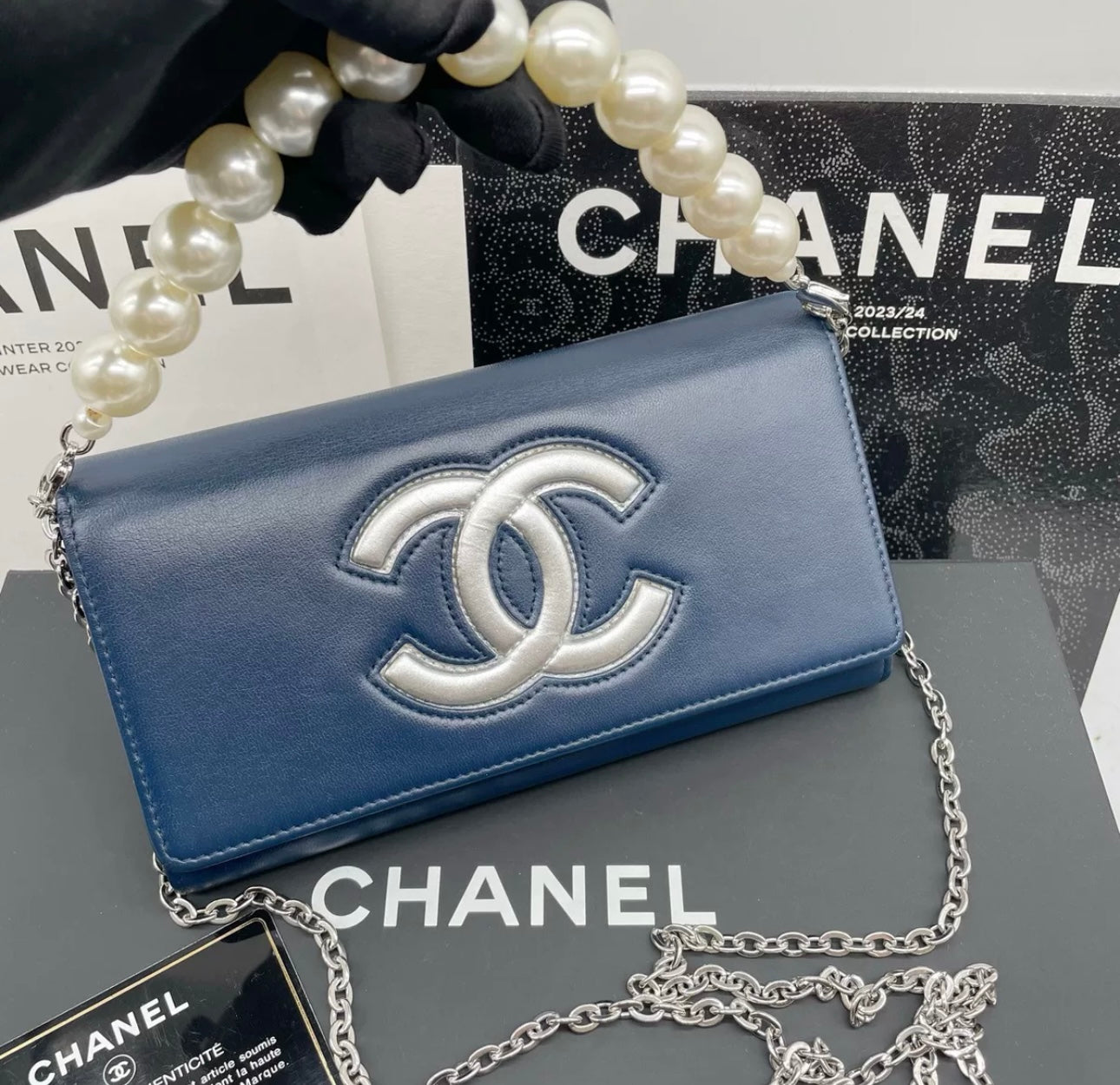 Auth Chanel blue sheepskin flap wallet bag