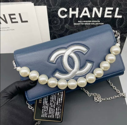 Auth Chanel blue sheepskin flap wallet bag