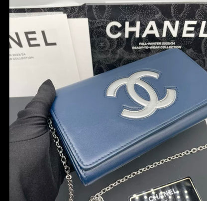 Auth Chanel blue sheepskin flap wallet bag