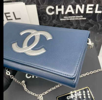 Auth Chanel blue sheepskin flap wallet bag