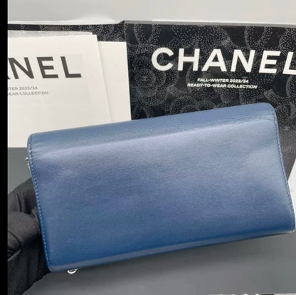 Auth Chanel blue sheepskin flap wallet bag