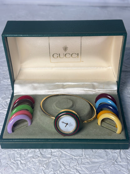 Auth  Gucci Change Bezel 12 Colors Gold Dial Watch Working