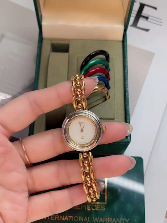 Jun25-bag-43 Auth Gucci Change Bezel 12 Colors Gold Dial Watch