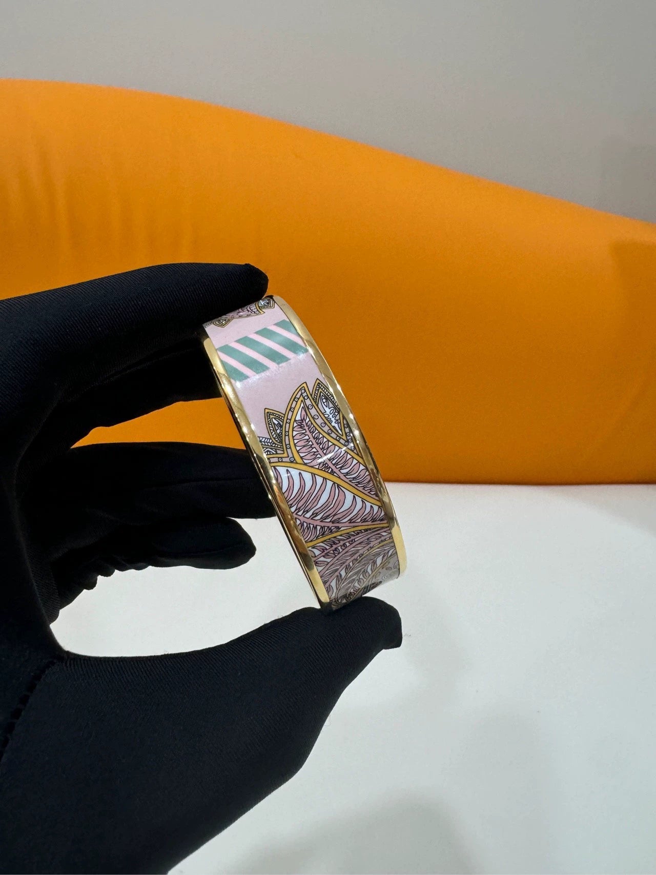 071024-19 HERMES 65 Wide Gold Plated Printed enamel bracelet