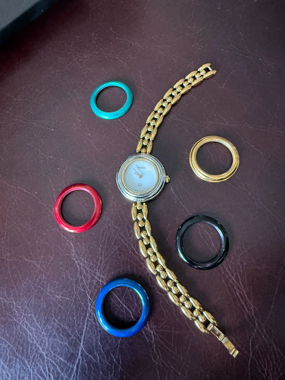 140525-9 Auth Gucci Change Bezel Colors Gold Dial Watch