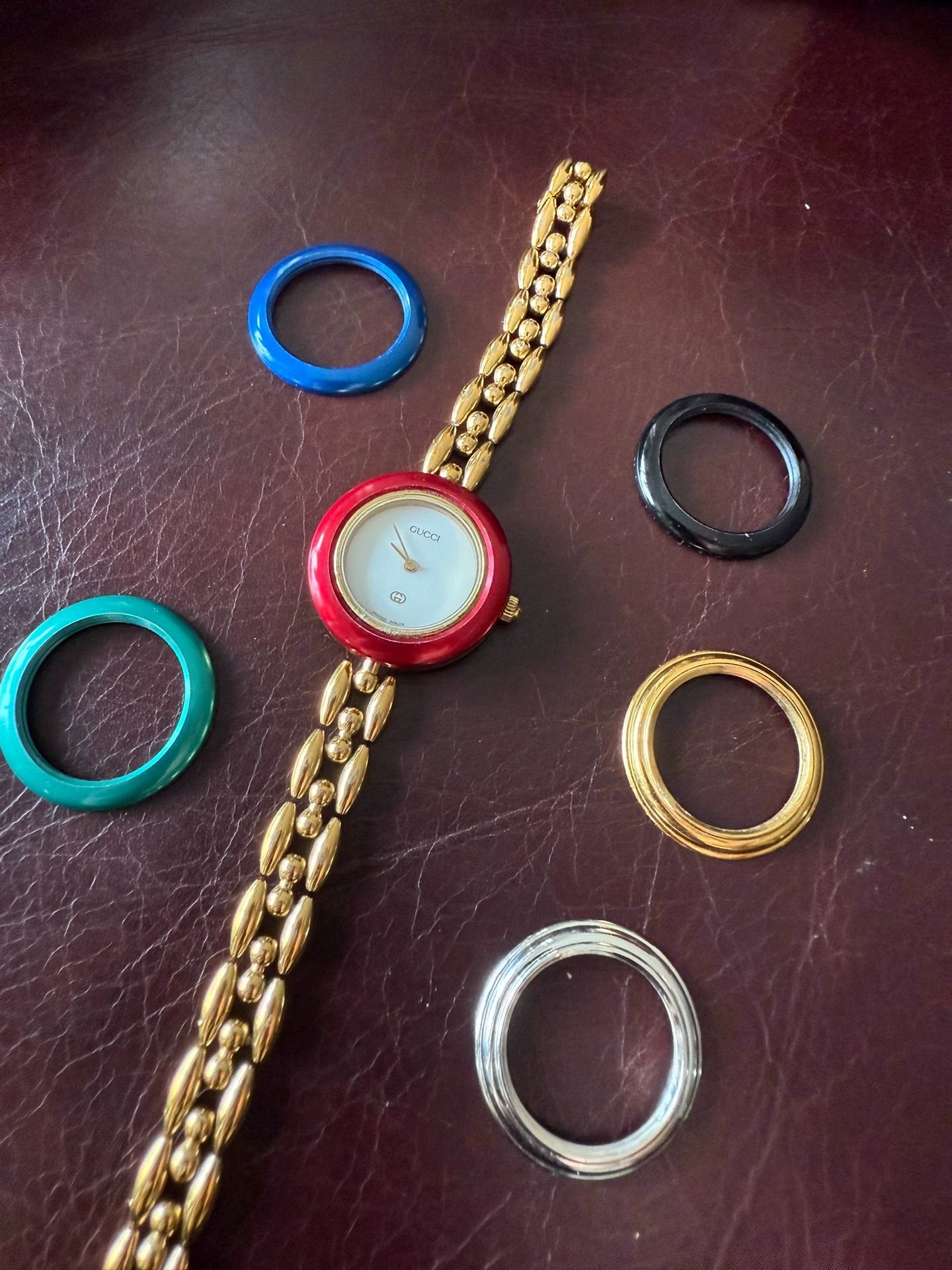 140525-9 Auth Gucci Change Bezel Colors Gold Dial Watch