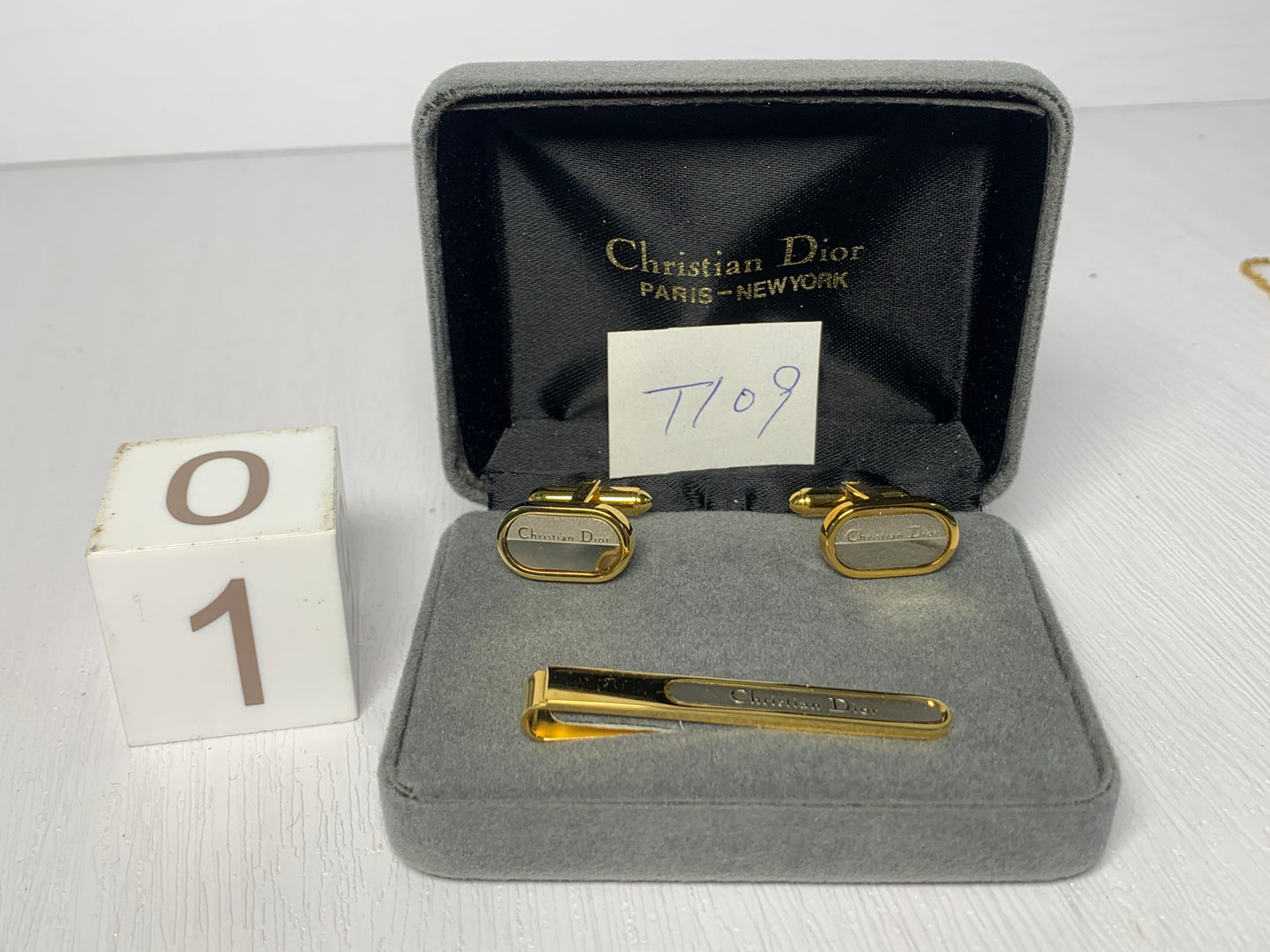 Vintage Gold tone Tie clip dunhill  christian Dior cufflinks with box  - 3MAR