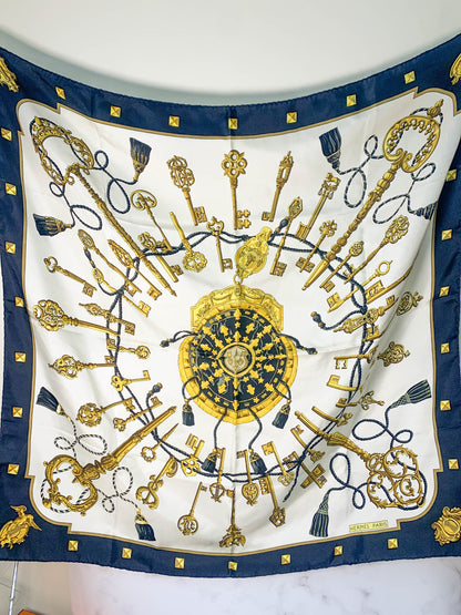 Rare Auth Hermes silk scarf key navy   35" x 35" -  220224