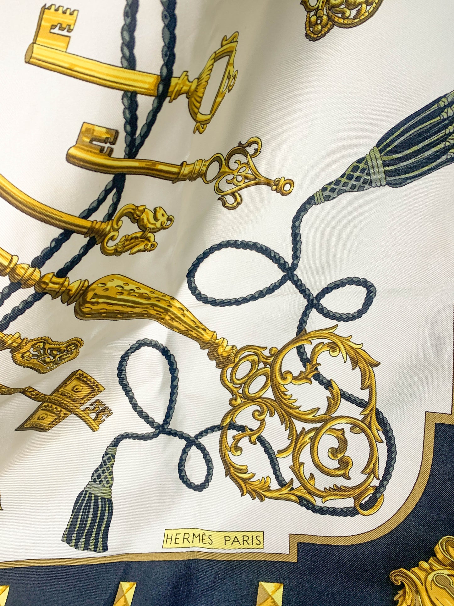 Rare Auth Hermes silk scarf key navy   35" x 35" -  220224