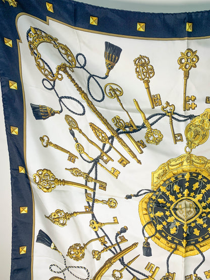 Rare Auth Hermes silk scarf key navy   35" x 35" -  220224