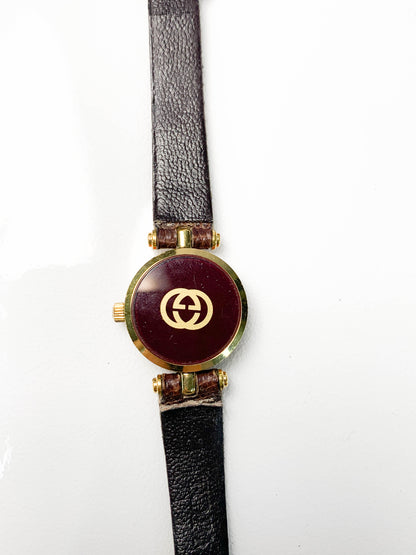 Rare Women Gucci Gold tone brown leather watch  - 210224