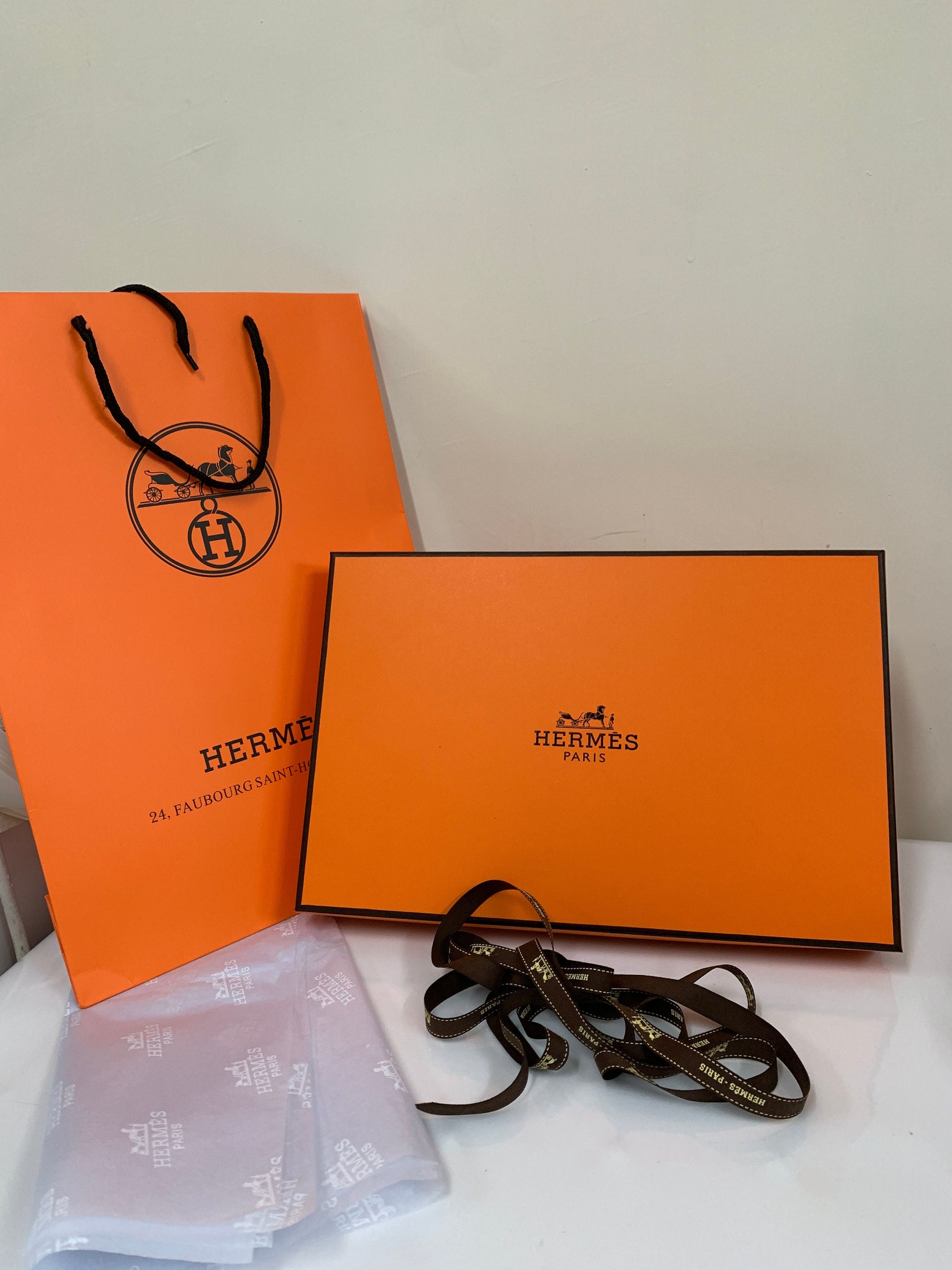 Hermes Paris Gift Box with paper bag ribbon 33W x 22H x D